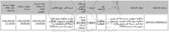 مناقصه عمومی دو مرحله ای تجدید مناقصه پروژه های تعمیرات به صورت خط گرم، شبکه فشارمتوسط در شهرستان اردستان2162