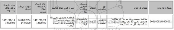 مناقصه عمومی یک مرحله ای مناقصه عمومی تامین 25 نفر نیروی انسانی دادگستری کل استان گیلان 