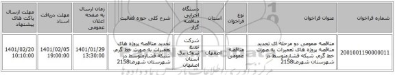 مناقصه عمومی دو مرحله ای تجدید مناقصه پروژه های تعمیرات به صورت خط گرم، شبکه فشارمتوسط در شهرستان شهرضا2158