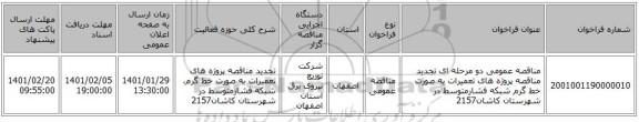 مناقصه عمومی دو مرحله ای تجدید مناقصه پروژه های تعمیرات به صورت خط گرم شبکه فشارمتوسط در شهرستان کاشان2157