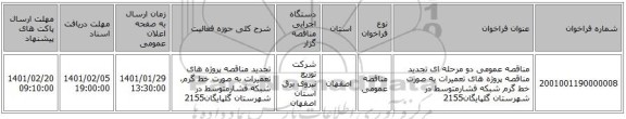 مناقصه عمومی دو مرحله ای تجدید مناقصه پروژه های تعمیرات به صورت خط گرم شبکه فشارمتوسط در شهرستان گلپایگان2155