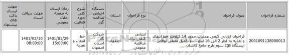 فراخوان ارزیابی کیفی عملیات حدود 14 کیلومتر خط انتقال و تغذیه به قطر 2 الی 16 اینچ ....و تکمیل مابقی نواقص ایستگاه cgs سوم طرح جامع کاشان
