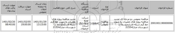مناقصه عمومی دو مرحله ای تجدید مناقصه پروژه های تعمیرات به صورت خط گرم شبکه فشارمتوسط در شهرستان مبارکه2153