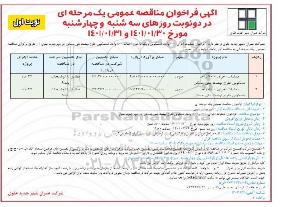 مناقصه عملیات اجرای 700 واحد مسکونی ....