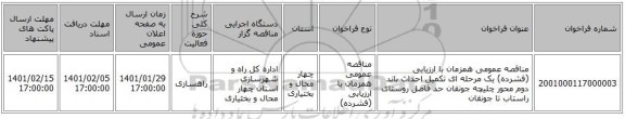 مناقصه عمومی همزمان با ارزیابی (فشرده) یک مرحله ای تکمیل احداث باند دوم محور چلیچه جونقان حد فاصل روستای راستاب تا جونقان