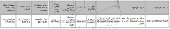 مناقصه عمومی یک مرحله ای حمل قیر مذاب از محل پالایشگاه آبادان به سازمان عمران شهرداری  اهواز