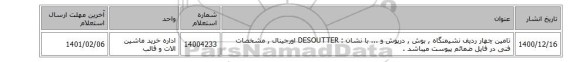 تامین چهار ردیف نشیمنگاه , بوش , درپوش و ... با نشان :DESOUTTER ‎ اورجینال , مشخصات فنی در فایل ضمائم پیوست میباشد .