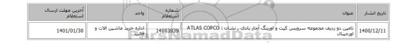 تامین دو ردیف مجموعه سرویس کیت و اورینگ آچار بادی , نشان : ATLAS COPCO اورجینال