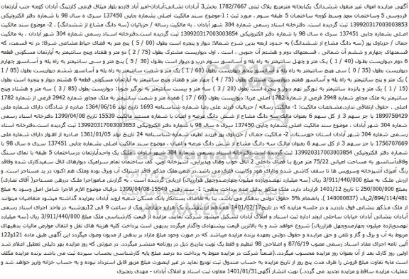 آگهی مزایده ششدانگ یکبابخانه مترمربع پلاک ثبتی 1782/7667 بخش3