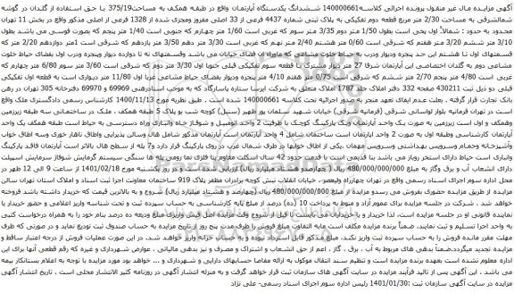 آگهی مزایده ششدانگ یکدستگاه آپارتمان واقع در طبقه همکف به مساحت375/19