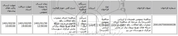 مناقصه عمومی همزمان با ارزیابی (فشرده) یک مرحله ای مناقصه اجرای عملیات رفع اتفاقات، رفع خاموشی و نت شبکه های توزیع نیروی برق در بخش مرکزی شهرستان نی ریز