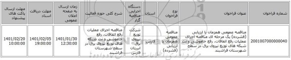 مناقصه عمومی همزمان با ارزیابی (فشرده) یک مرحله ای مناقصه اجرای عملیات رفع اتفاقات، رفع خاموشی و نت شبکه های توزیع نیروی برق در سطح شهرستان فراشبند