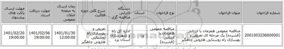 مناقصه عمومی همزمان با ارزیابی (فشرده) یک مرحله ای تعریض و بهسازی راه روستایی هارونی چاهگیر