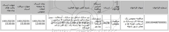 مناقصه عمومی یک مرحله ای زیرسازی و آسفالت کوچه ها و معابر شهر بادوله