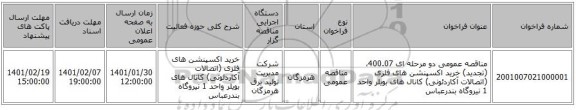 مناقصه عمومی دو مرحله ای 400.07، (تجدید) خرید اکسپنشن های فلزی (اتصالات آکاردئونی) کانال های بویلر واحد 1 نیروگاه بندرعباس