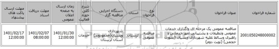 مناقصه عمومی یک مرحله ای واگذاری خدمات عمومی وتنظیفات و پشتیبانی امور خدماتی و راهبری وسائط نقلیه شهرداری ویسیان (بصورت حجمی)  (نوبت دوم)