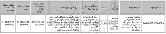 مناقصه عمومی همزمان با ارزیابی (فشرده) دو مرحله ای خرید دستگاه آل این وان جهت مدارس استان قم 