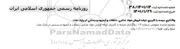 مزایده واگذاری عرصه با کاربری غرفه فروش مواد غذایی، تنقلات