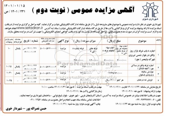 مزایده اجاره 8 باب غرفه بازار روز ...- نوبت دوم