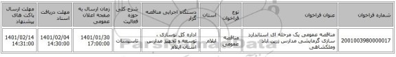 مناقصه عمومی یک مرحله ای استاندارد سازی گرمایشی مدارس زرین اباد وملکشاهی 