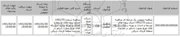 مناقصه عمومی یک مرحله ای مناقصه شماره 1401/75 اجرای پروژه های توسعه و احداث و بهینه سازی درشبکه های توزیع بصورت شناور در محدوده منطقه قرچک شرقی