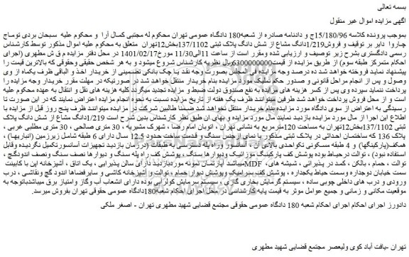 مزایده  فروش1/219دانگ مشاع از شش دانگ پلاک ثبتی 137/1102