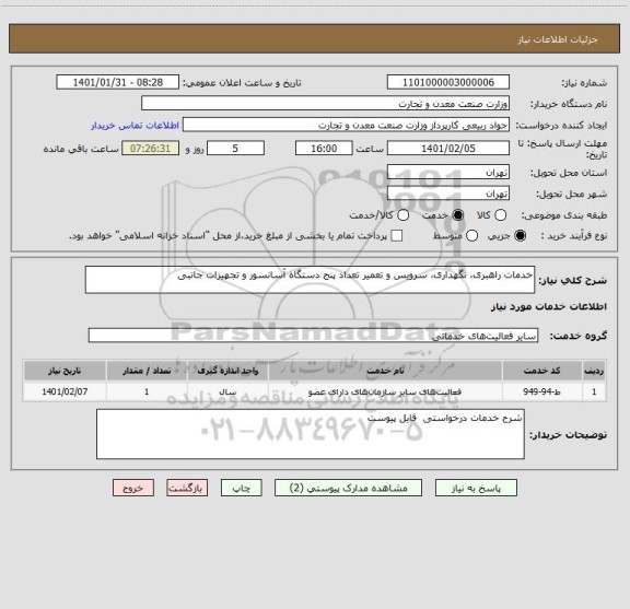 استعلام خدمات راهبری، نگهداری، سرویس و تعمیر تعداد پنج دستگاه آسانسور و تجهیزات جانبی 