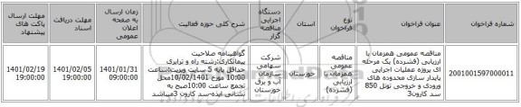 مناقصه عمومی همزمان با ارزیابی (فشرده) یک مرحله ای پروژه عملیات اجرایی پایدار سازی محدوده های ورودی و خروجی تونل 850 سد کارون3