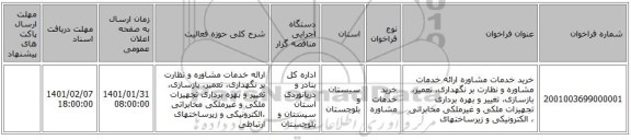 خرید خدمات مشاوره ارائه خدمات مشاوره و نظارت بر نگهداری، تعمیر، بازسازی، تغییر و بهره برداری تجهیزات ملکی و غیرملکی مخابراتی ، الکترونیکی و زیرساختهای 