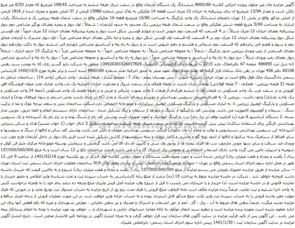 آگهی مزایده ششدانگ یک دستگاه آپارتمان واقع در سمت شرق طبقه ششم به مساحت 199/45 مترمربع