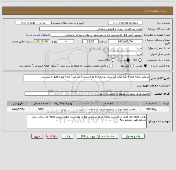 استعلام پذیرایی انواع غذا و چلو کباب (ماست ،نوشابه یا دوغ،سوپ و دورچین) انواع میوه فصل و شیرینی