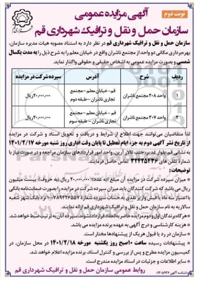 مزایده، مزایده واگذاری بهره برداری مکانی دو واحد از مجتمع ناشران