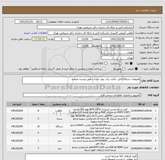 استعلام ملزومات شبکه(کابل، داکت، رک، روتر، مبدل) طبق لیست ضیمیه 