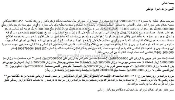 مزایده فروش یک باب مغازه و...
