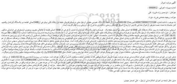 مزایده فروش ملک به پلاک ثبتی 4/5948 اصلی 