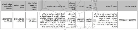 مناقصه عمومی یک مرحله ای اجرای عملیات مراقبت و آبیاری سنواتی همراه با مرمت تشتک در سایتهای گزنق سپرغان هلالی و سپرغان 1و2 و مرنگلوی1 و2 شهرستان ارومیه