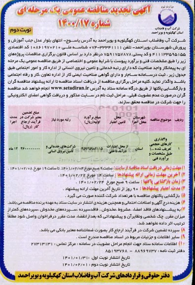 مناقصه واگذاری کارهای حجمی تعریف شده تجدید نوبت دوم 