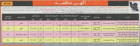 مناقصه عمومی  تهیه مصالح و اجرای شبکه روشنایی بخشی از معابر شهرک صنعتی و...