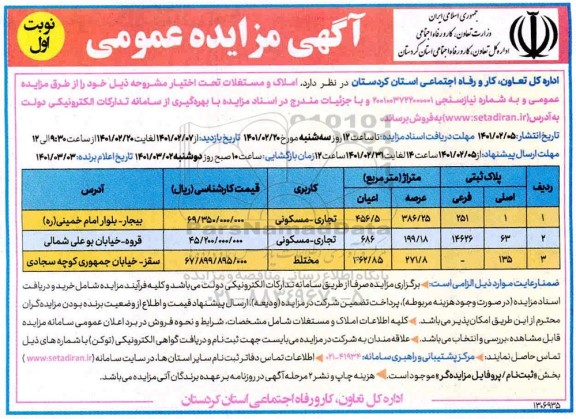 مزایده ، مزایده فروش املاک و مستغلات تجاری - مسکونی 