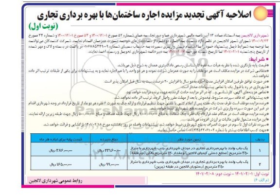 اصلاحیه مزایده اجاره ساختمان ها با بهره برداری تجاری تجدید 