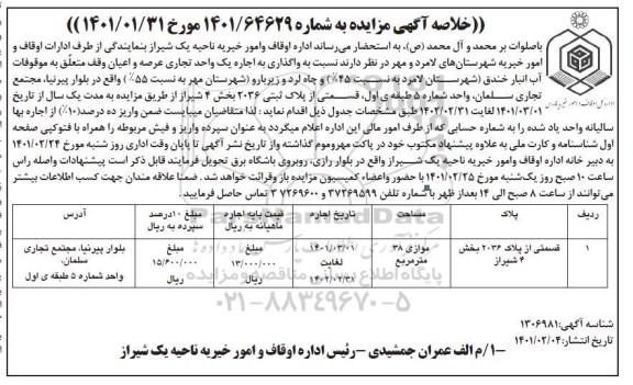 مزایده، مزایده واگذاری به اجاره یک واحد تجاری