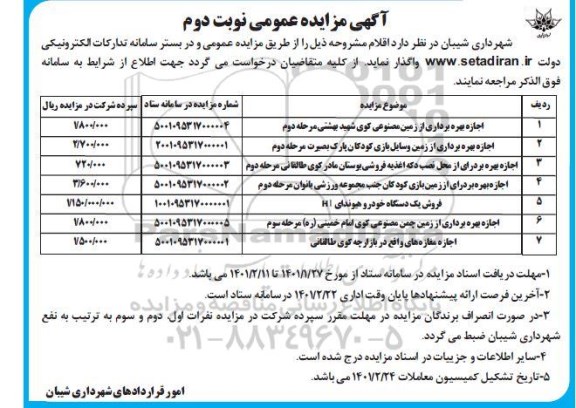 مزایده اجازه بهره برداری از زمین مصنوعی ...- نوبت دوم