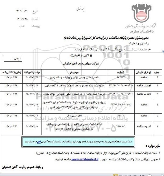 فراخوان، فراخوان ساخت هفت ردیف بوش و رولیک و دانه زنجیر ...