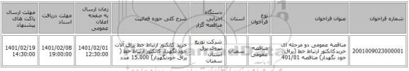 مناقصه عمومی دو مرحله ای خریدکانکتور ارتباط خط (یراق خود نگهدار) مناقصه 401/01