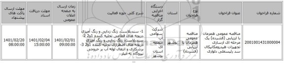 مناقصه عمومی همزمان با ارزیابی (فشرده) یک مرحله ای ازسازی تجهیزات هیدرومکانیکال سد رئیسعلی دلواری