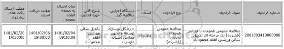 مناقصه عمومی همزمان با ارزیابی (فشرده) یک مرحله ای تکمیل سالن ورزشی اهلم محمودآباد