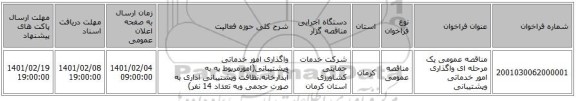 مناقصه عمومی یک مرحله ای واگذاری امور خدماتی وپشتیبانی