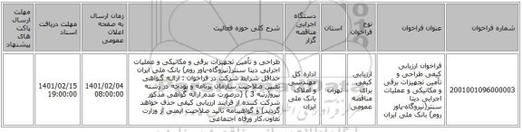 فراخوان ارزیابی کیفی طراحی و تأمین تجهیزات برقی و مکانیکی و عملیات اجرایی دیتا سنتر(نیروگاه-پاور روم) بانک ملی ایران