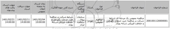 مناقصه عمومی یک مرحله ای شرایط شرکت در مناقصه خرید خدمات نگهبانی و حفاظت فیزیکی شبانه روزی 