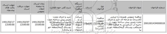 مناقصه عمومی همزمان با ارزیابی (فشرده) دو مرحله ای خرید و اجرای مخزن زمینی  پیش ساخته جهت ذخیره آب آشامیدنی به ظرفیت 300 مترمکعب  روستای  گرمه(منطقه خور و بیا